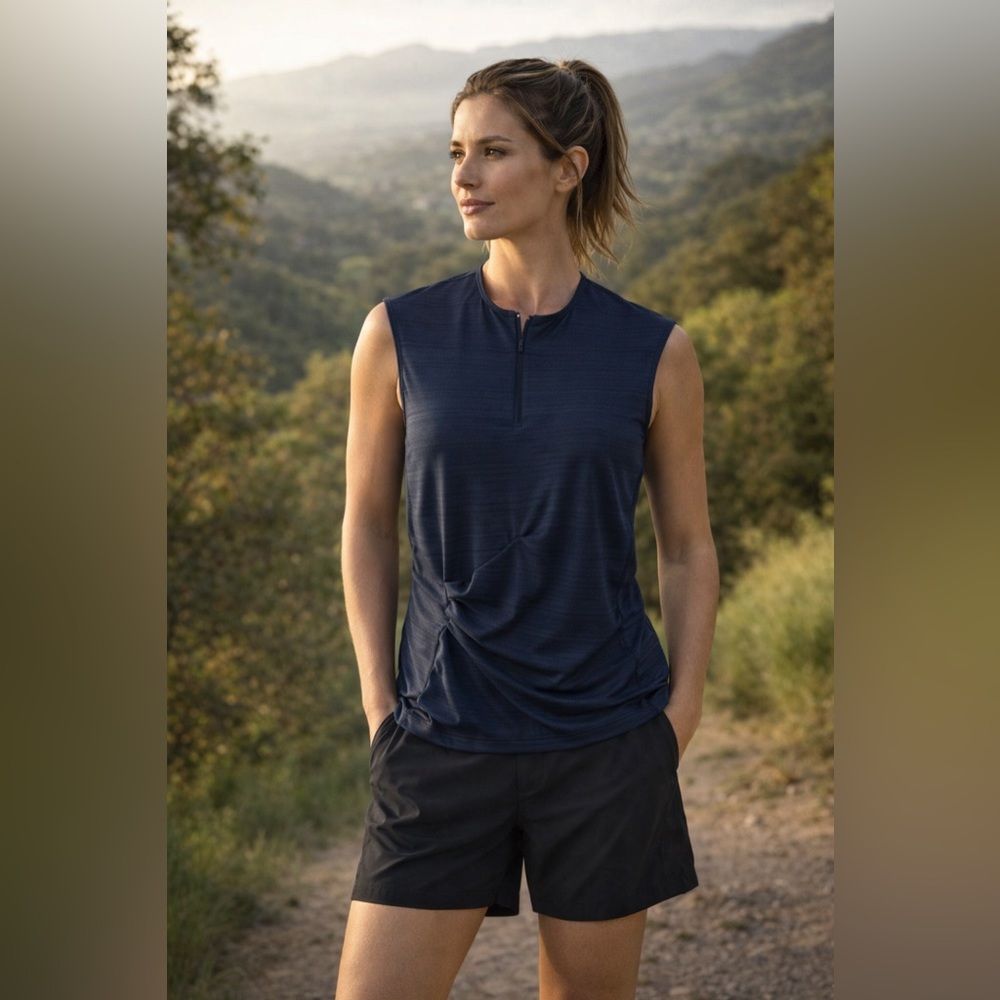 Athleta Women’s Navy Blue Cap-Sleeve Zip-Front Performance Top! Small